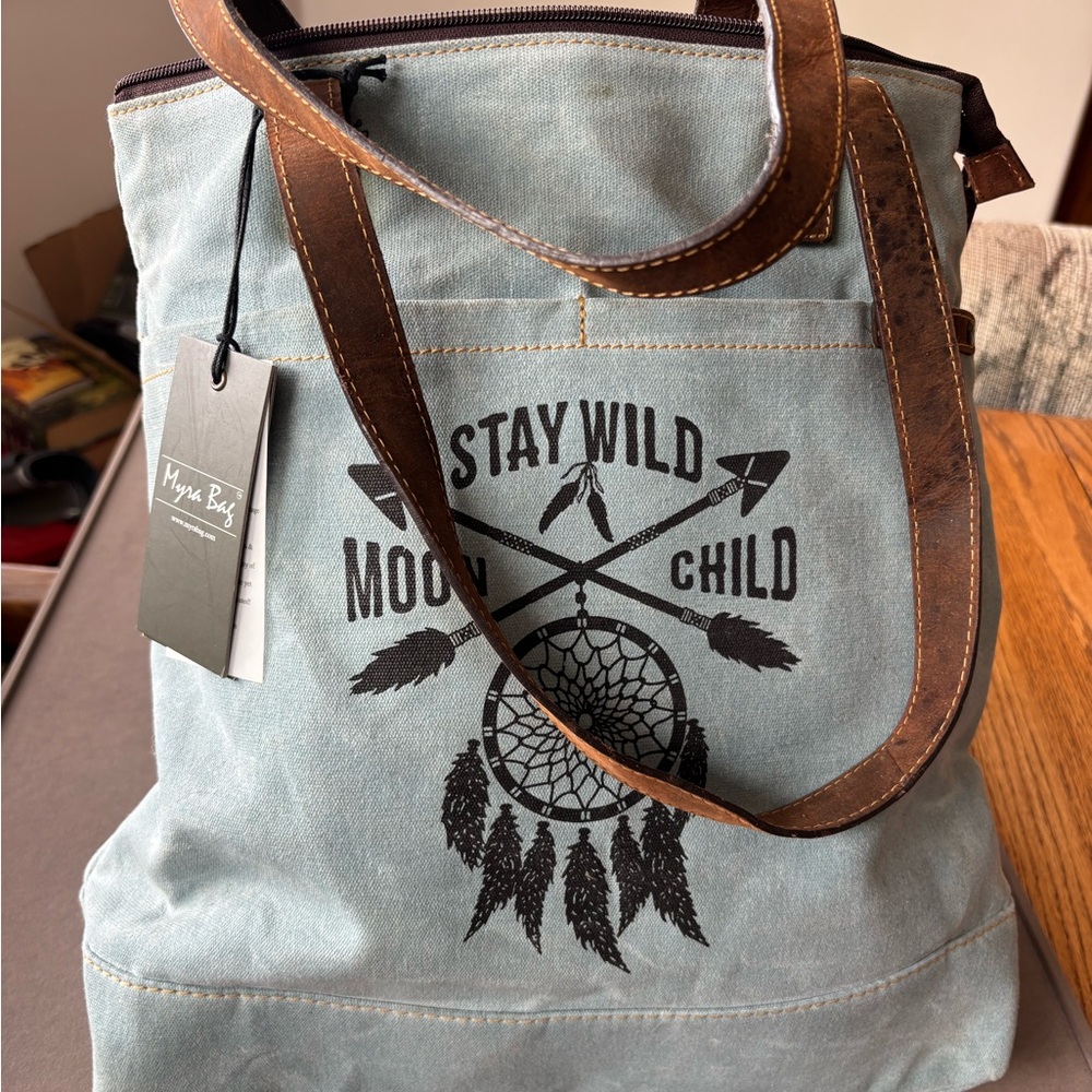 Myra Bag Blue Canvas Tote with Dreamcatcher Design, Stay Wild Moon Child. - Picture 3 of 8